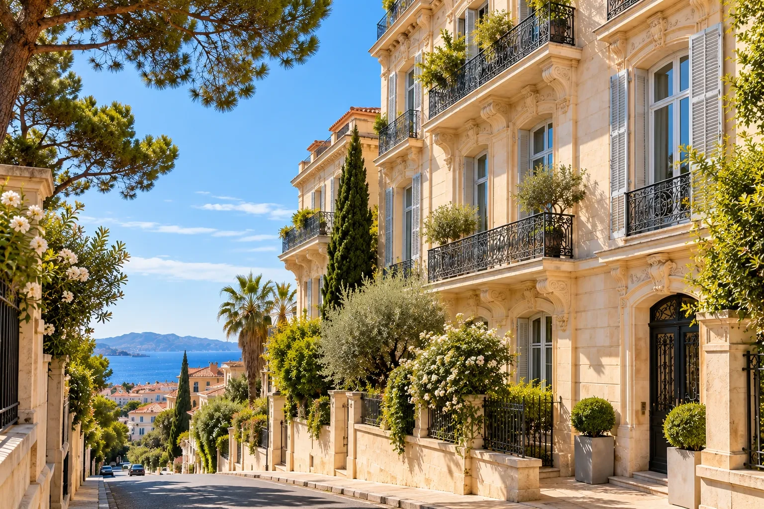 Façade en pierre claire typique de Marseille, balcons en fer forgé et vue sur la Méditerranée
